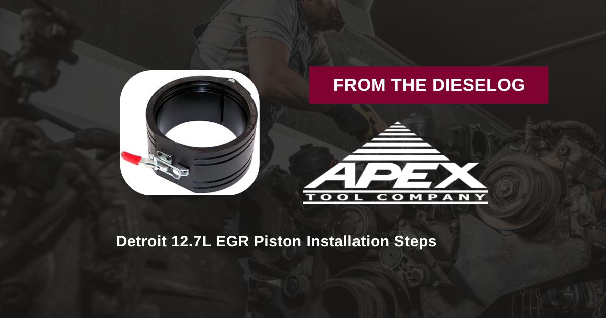 Step-by-step close up layout of heavy-duty tapered piston ring compressor tool resting on a diesel engine cylinder deck